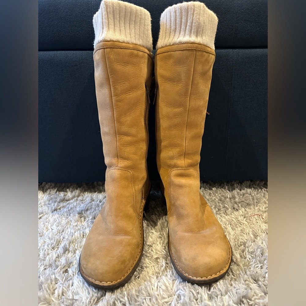 Tan Knee-High Boots with Cream Cuffs